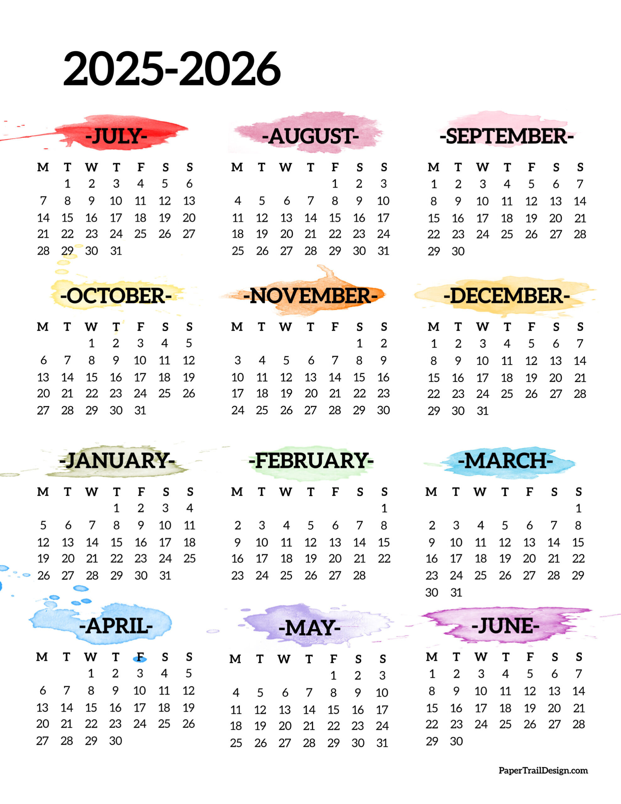 2025-2026 School Year Calendar Free Printable - Paper Trail Design - Printable Calendar June 2025 to June 2026