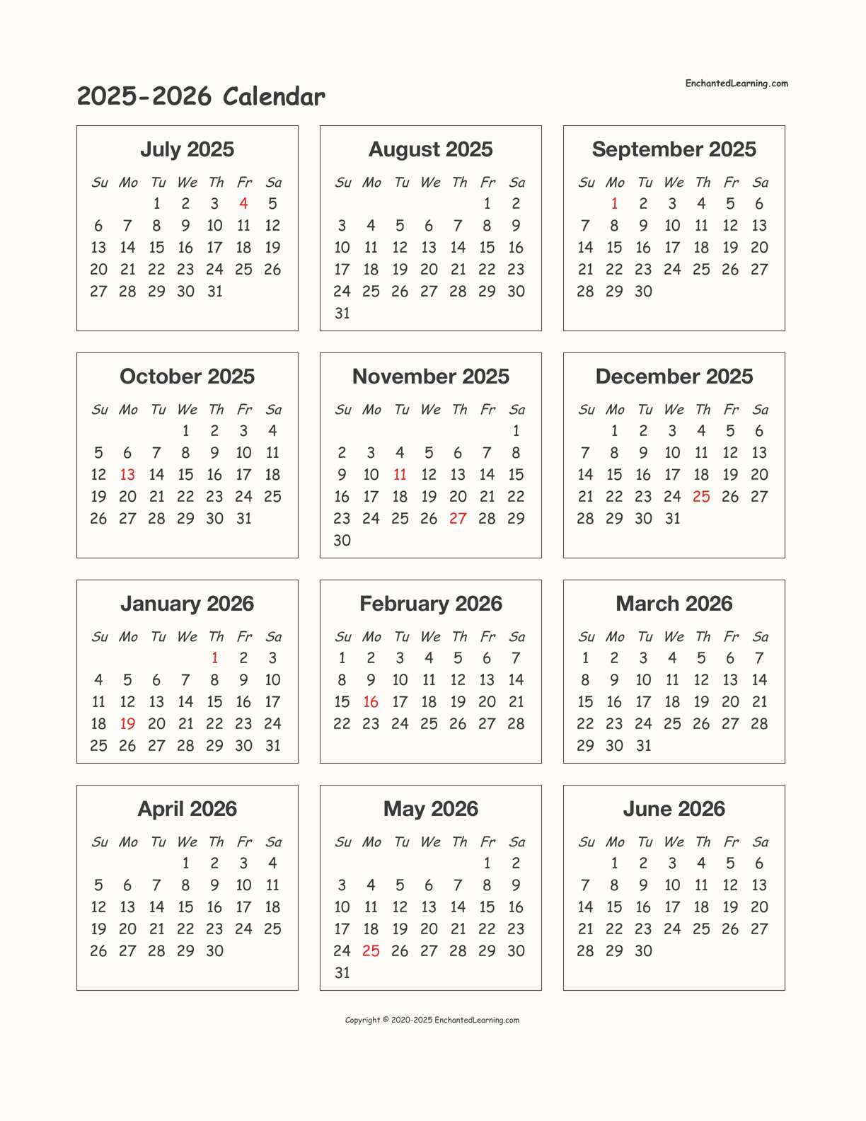 2025-2026 School-Year One-Page Calendar - Enchanted Learning - June 2025 - June 2026 Calendar