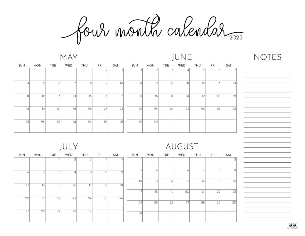 2025 Four Month Calendars - 31 Free Printables | Printabulls - April May June July Calendar 2025