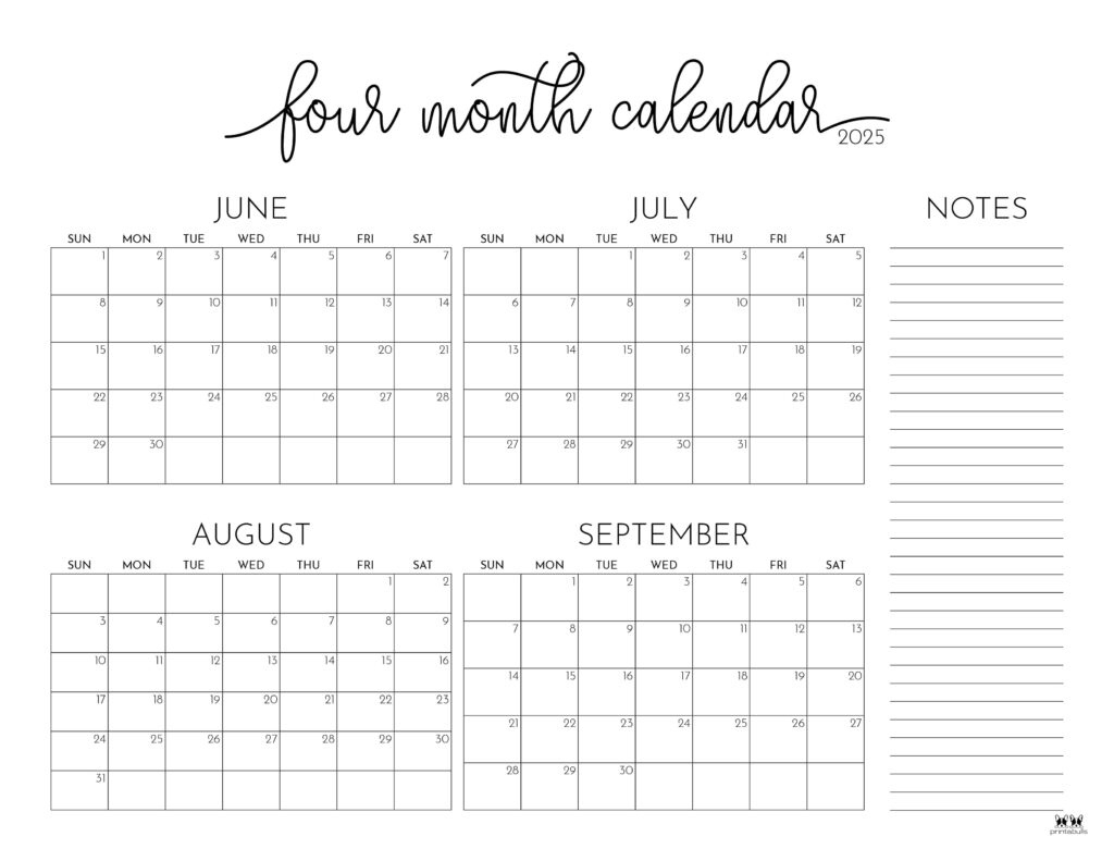2025 Four Month Calendars - 31 Free Printables | Printabulls - Calendar June July August September October 2025