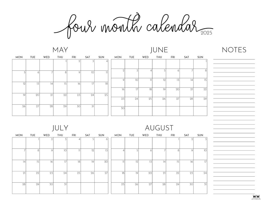 2025 Four Month Calendars - 31 Free Printables | Printabulls - May And June Calendar 2025