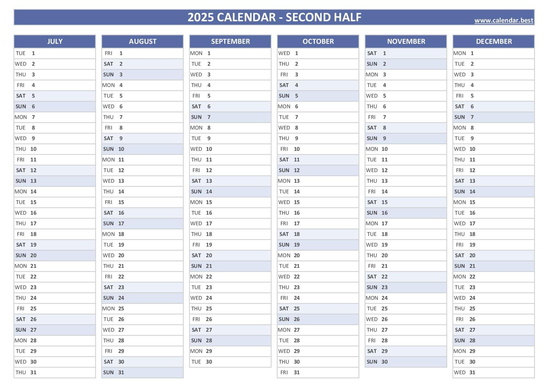 2025 Half Year Calendar To Print - June 2025 Calendar General Blue