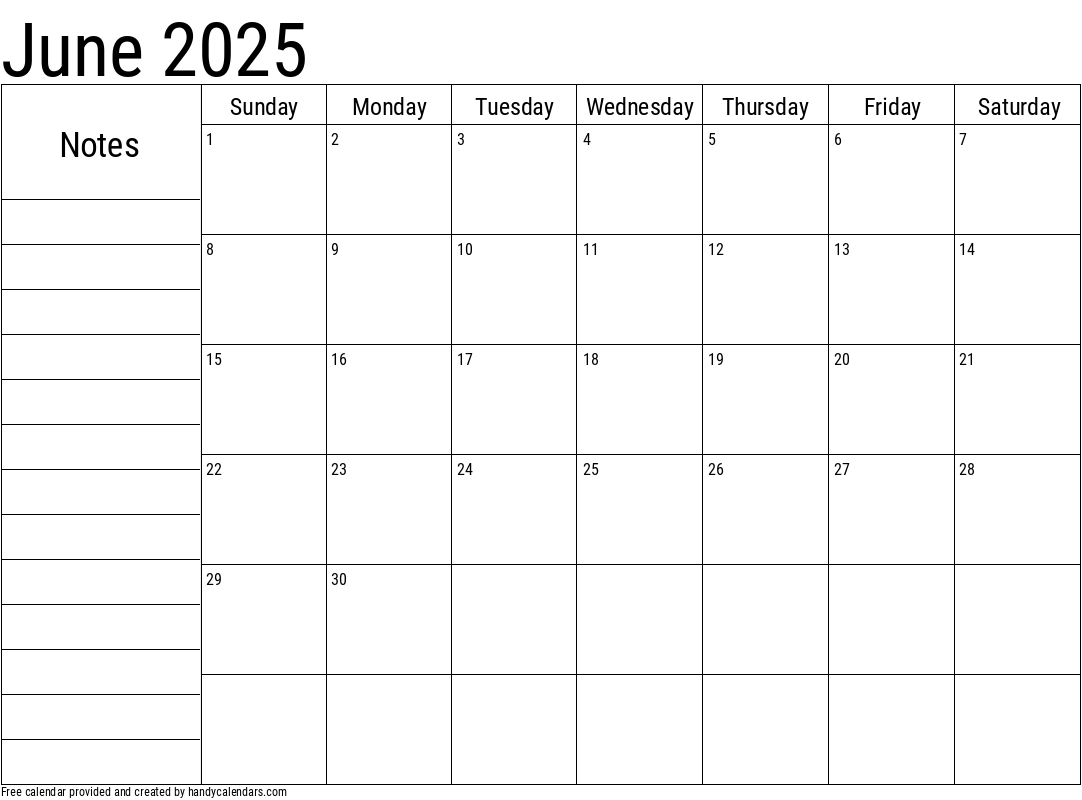 2025 June Calendars - Handy Calendars - June 2025 Printable Calendar With Notes
