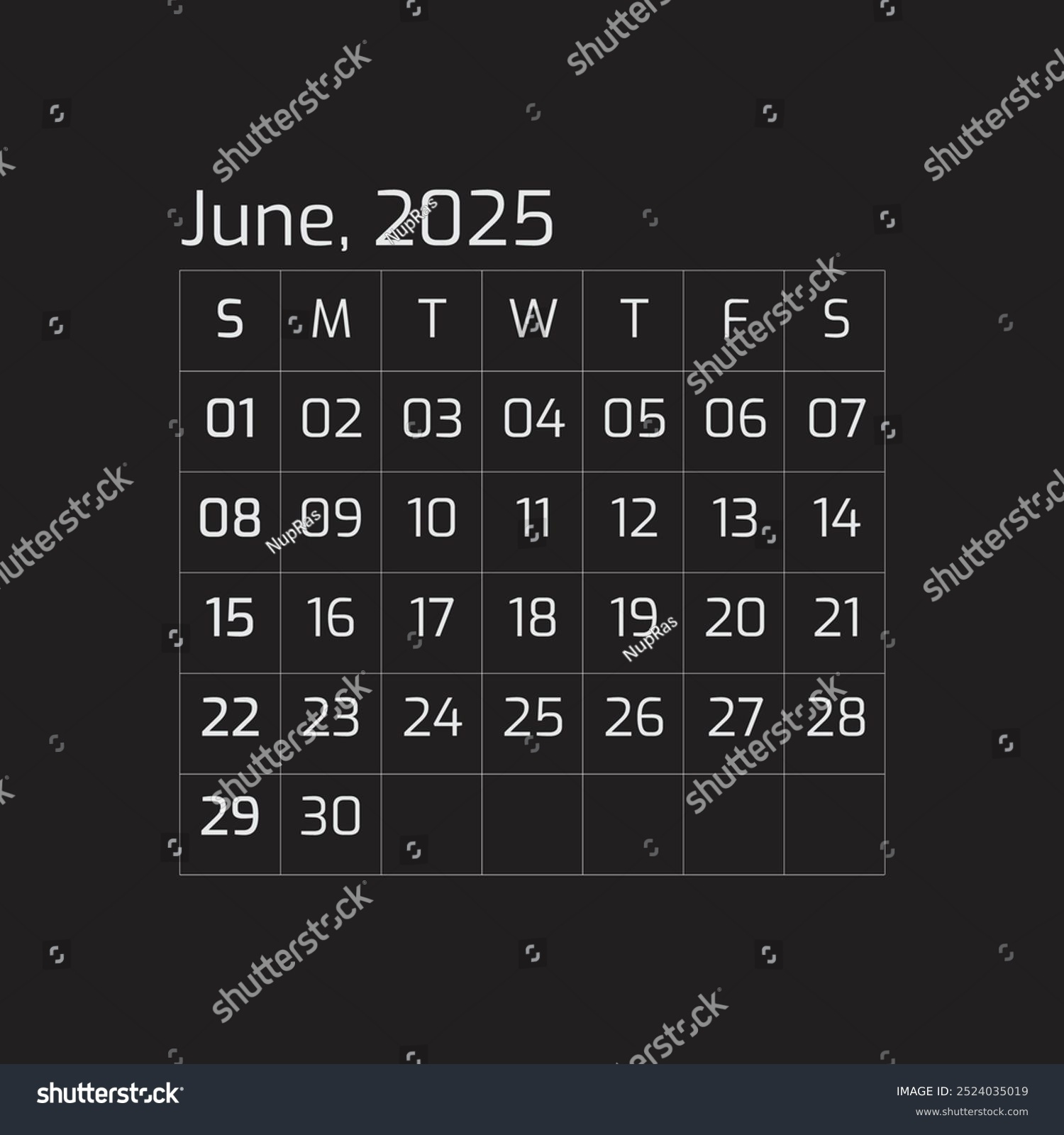 2025 June Year Dark Calendar Single Stock Vector (Royalty Free - June 2025 Calendar Black Background