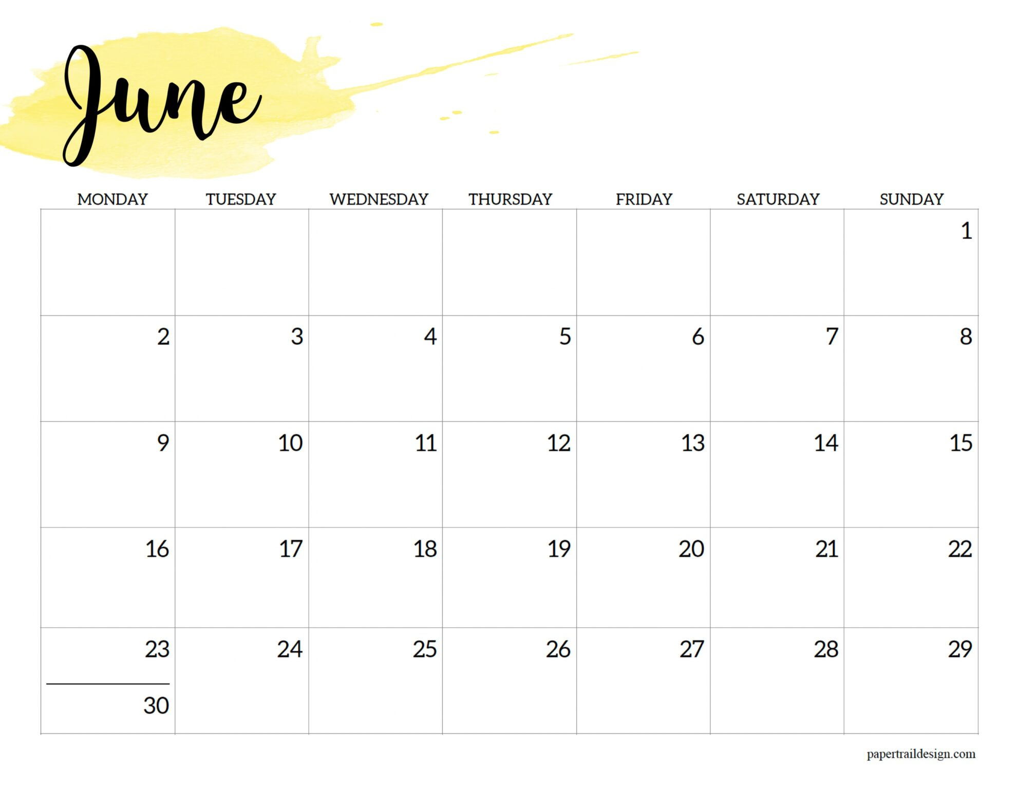 2025 Monday Start Calendar Printable - Watercolor - Paper Trail Design - June 2025 Calendar Monday Start