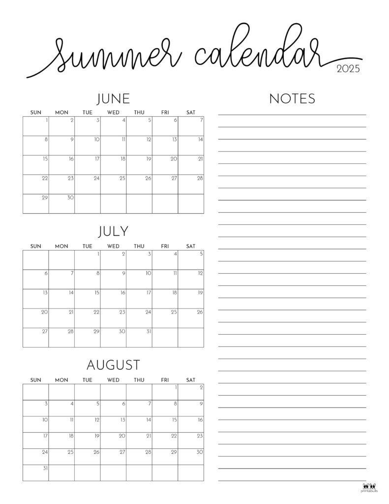 2025 Summer Calendars - 27 Free Printables | Printabulls - Calendar June - August 2025