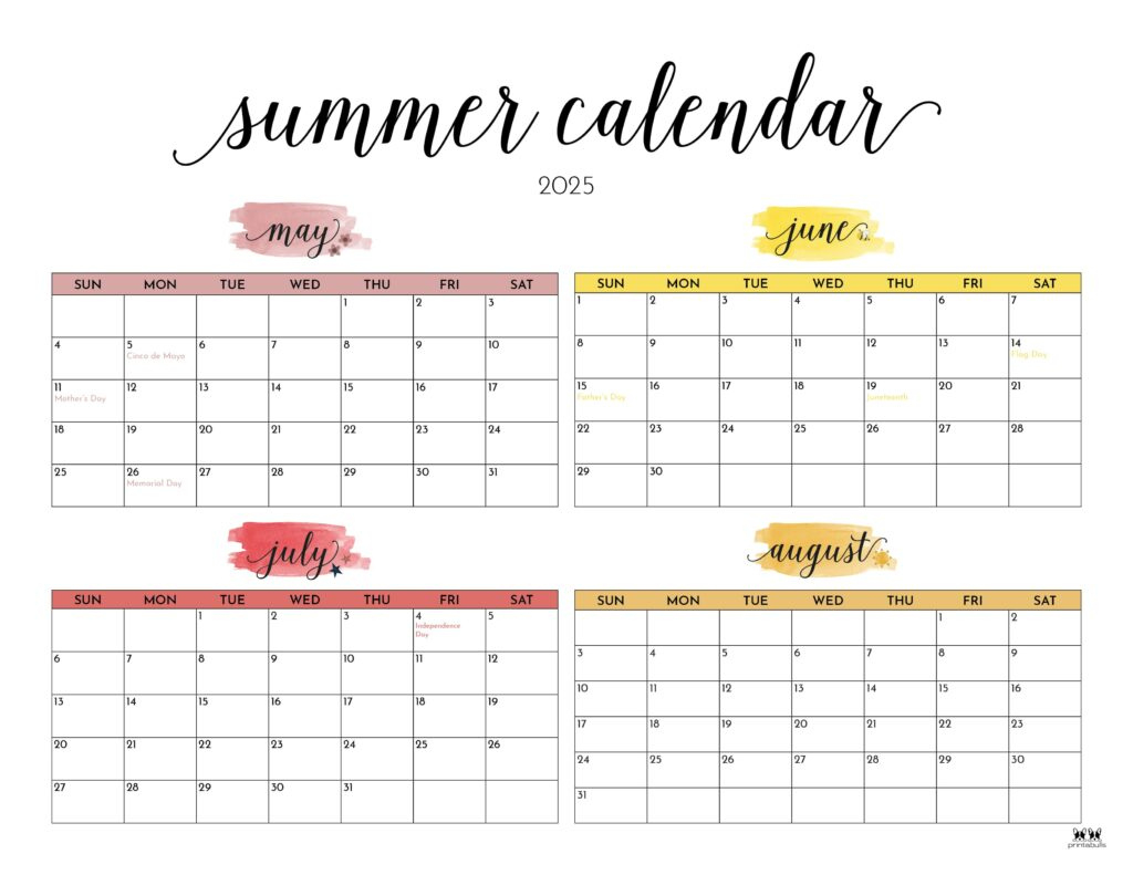 2025 Summer Calendars - 27 Free Printables | Printabulls - Calendar Printable June July 2025