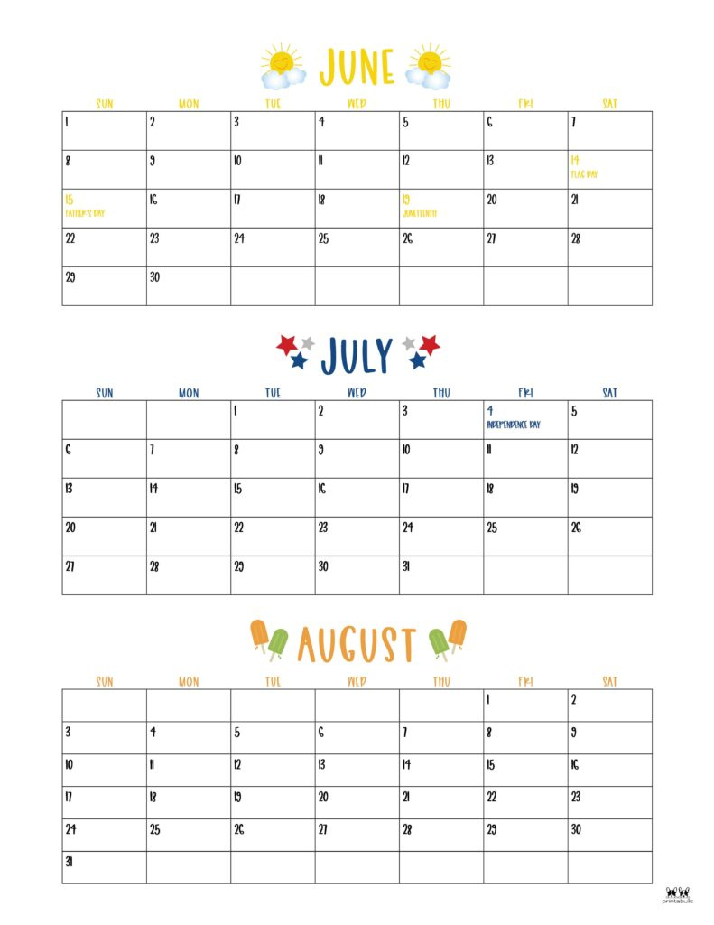 2025 Summer Calendars - 27 Free Printables | Printabulls - June August Calendar 2025