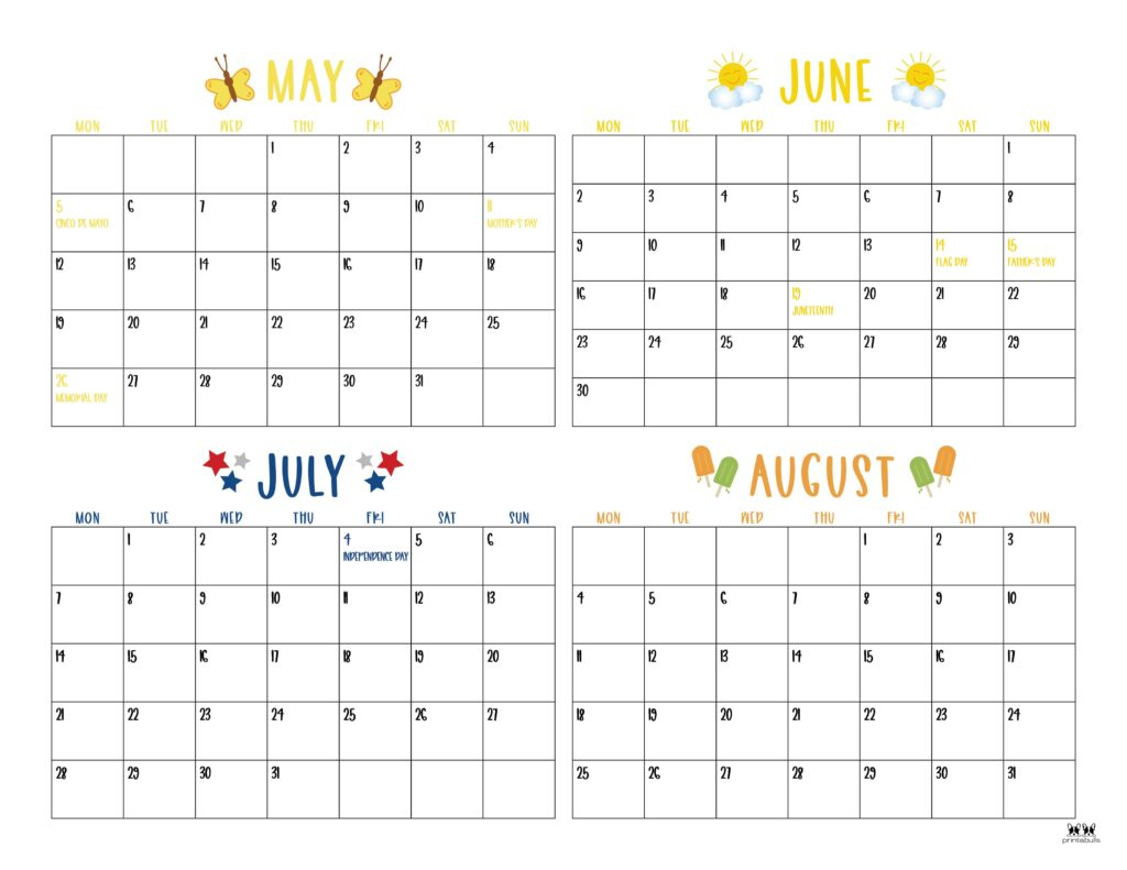 2025 Summer Calendars - 27 Free Printables | Printabulls - June July and August 2025 Calendar
