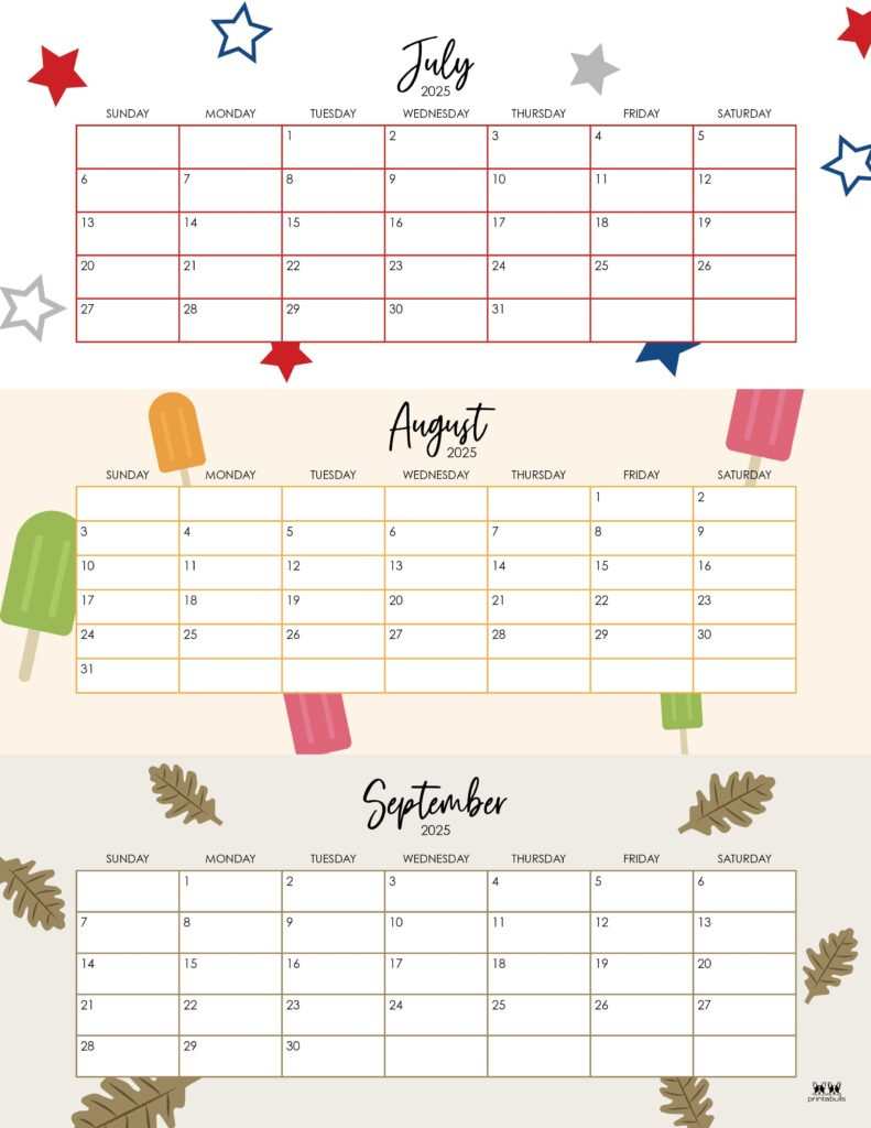 2025 Summer Calendars - 27 Free Printables | Printabulls - June July And August 2025 Printable Calendar