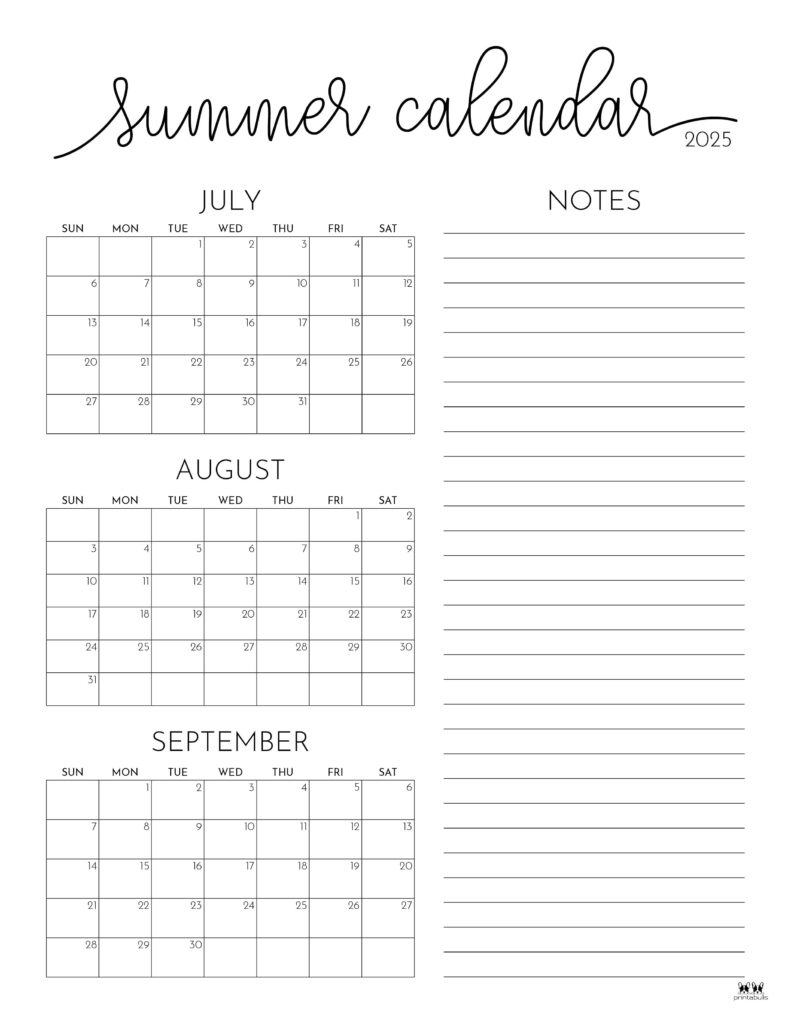 2025 Summer Calendars - 27 Free Printables | Printabulls - June July August 2025 Printable Calendar