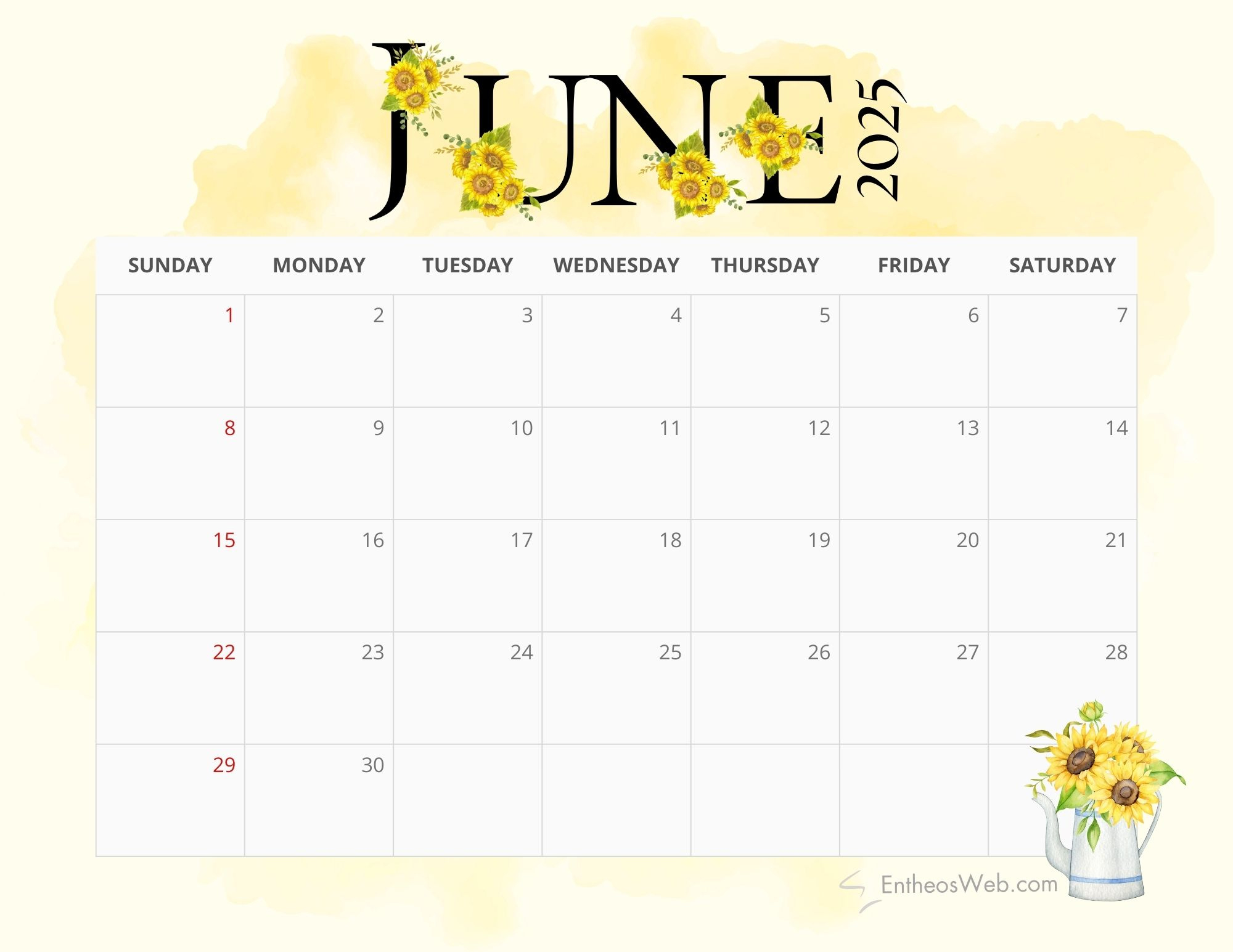 2025 Sunflowers Calendar Printable | Entheosweb - Sunflower June 2025 Calendar