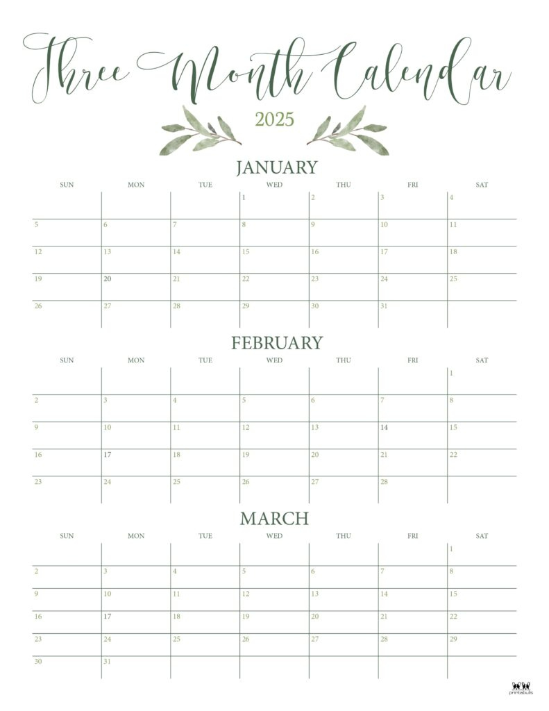 2025 Three Month/Quarterly Calendars - 36 Free Cals | Printabulls - 3 Month Calendar 2025 June July August