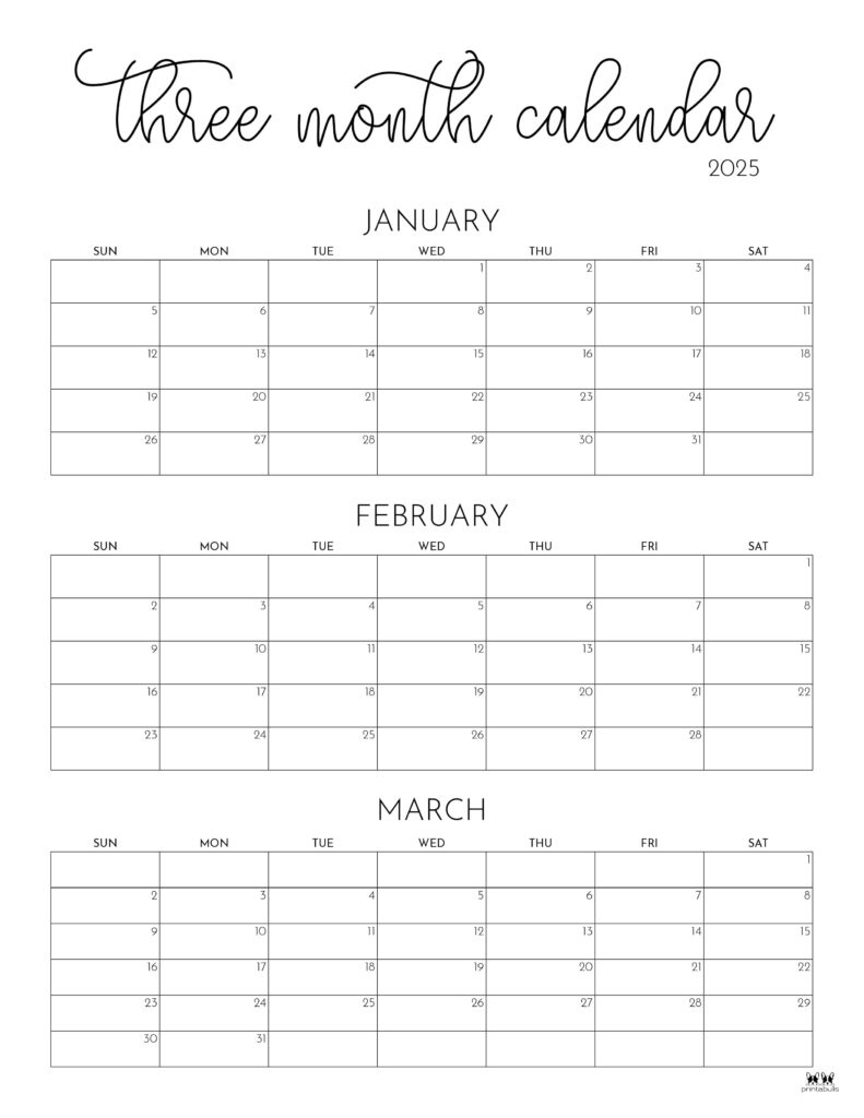 2025 Three Month/Quarterly Calendars - 36 Free Cals | Printabulls - 3 Month Calendar May June July 2025