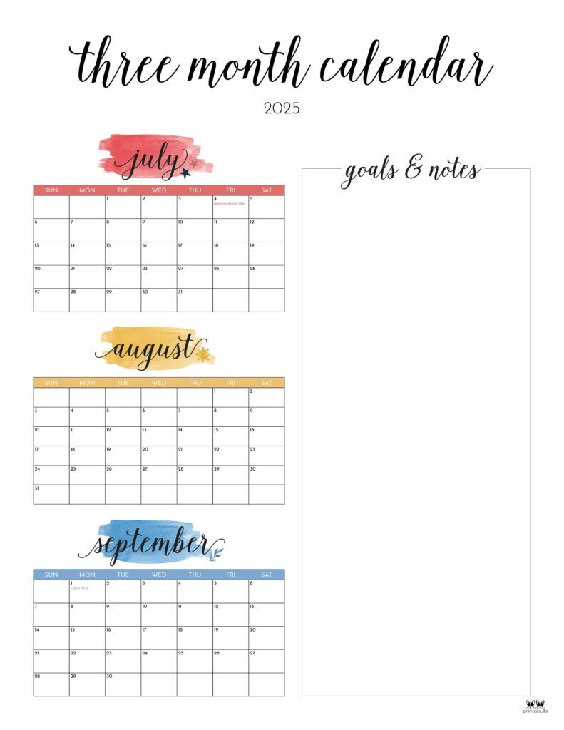 2025 Three Month/Quarterly Calendars - 36 Free Cals | Printabulls - 3 Month Calendar Printable June July August 2025