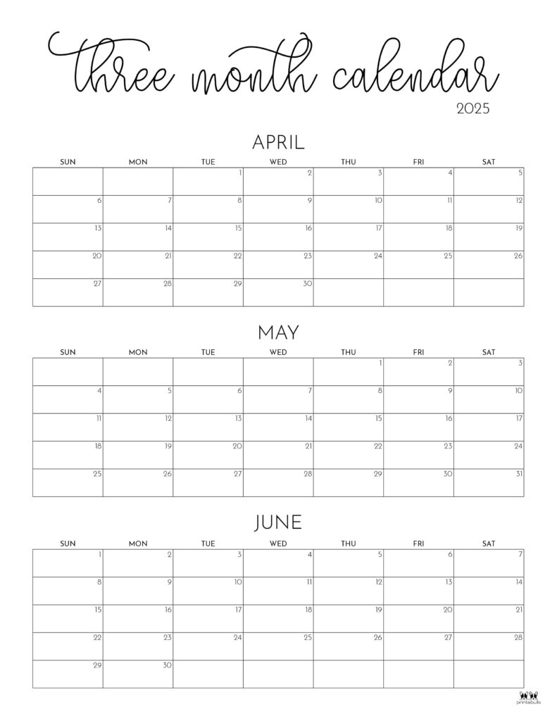 2025 Three Month/Quarterly Calendars - 36 Free Cals | Printabulls - April May June 2025 Calendar Printable Free