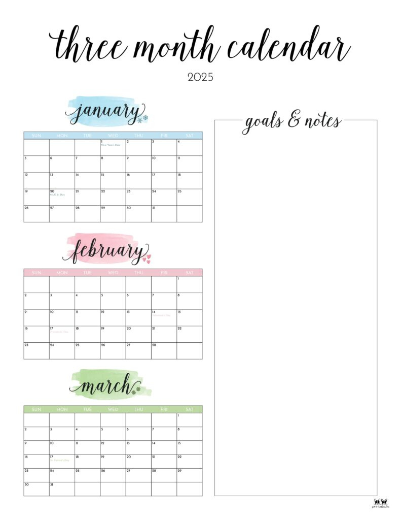 2025 Three Month/Quarterly Calendars - 36 Free Cals | Printabulls - Printable 3 Month Calendar 2025 April May June