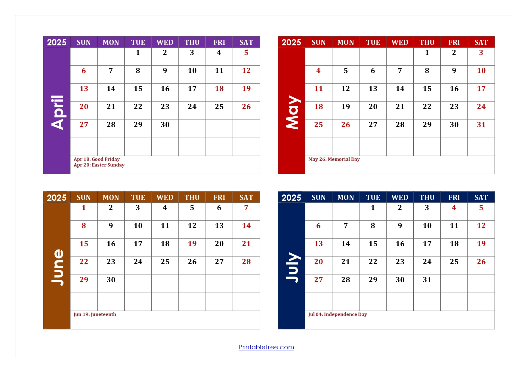 April To July 2025 Calendar Printable Pdf | Four Months Calendar - April May June July 2025 Calendar