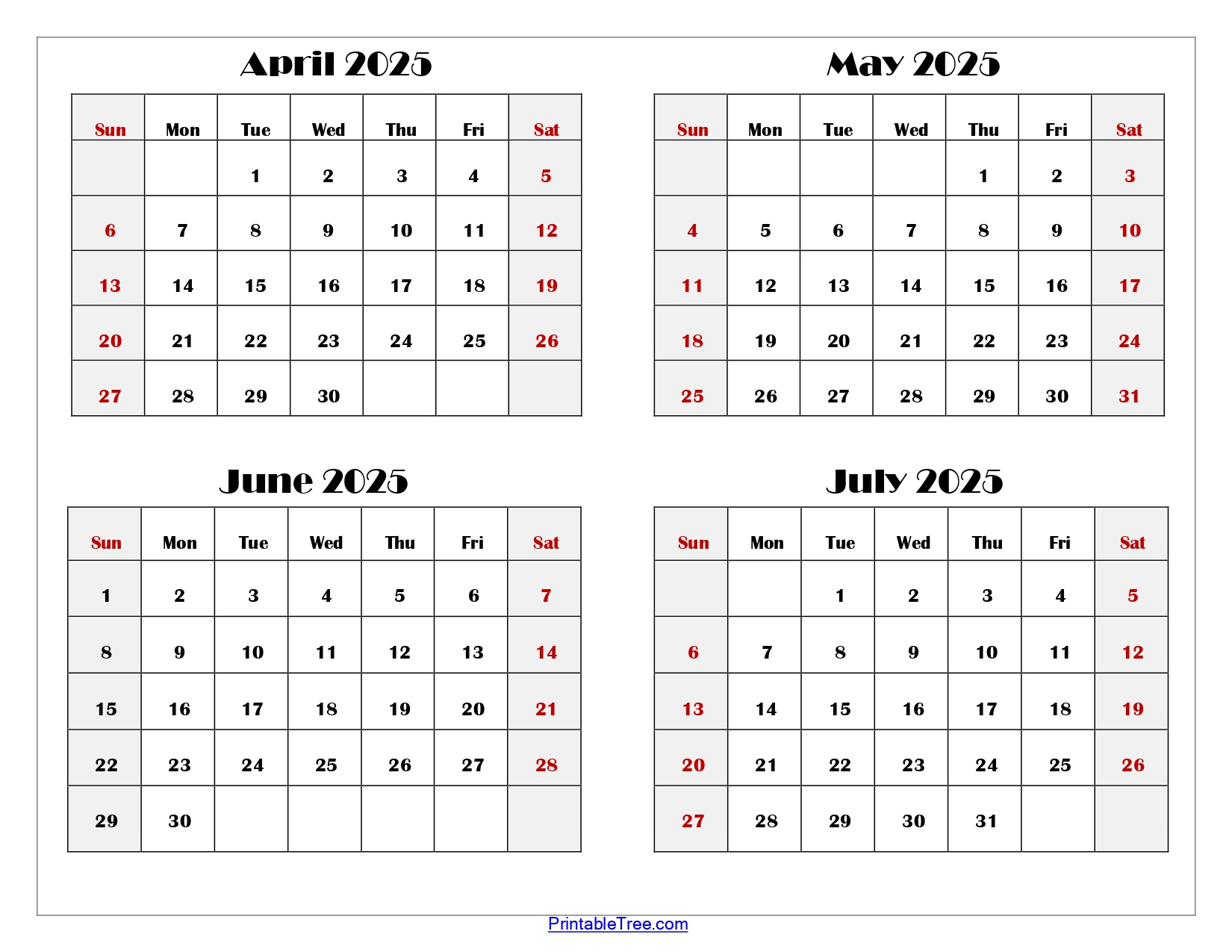 April To July 2025 Calendar Printable Pdf | Four Months Calendar - April Through June 2025 Calendar