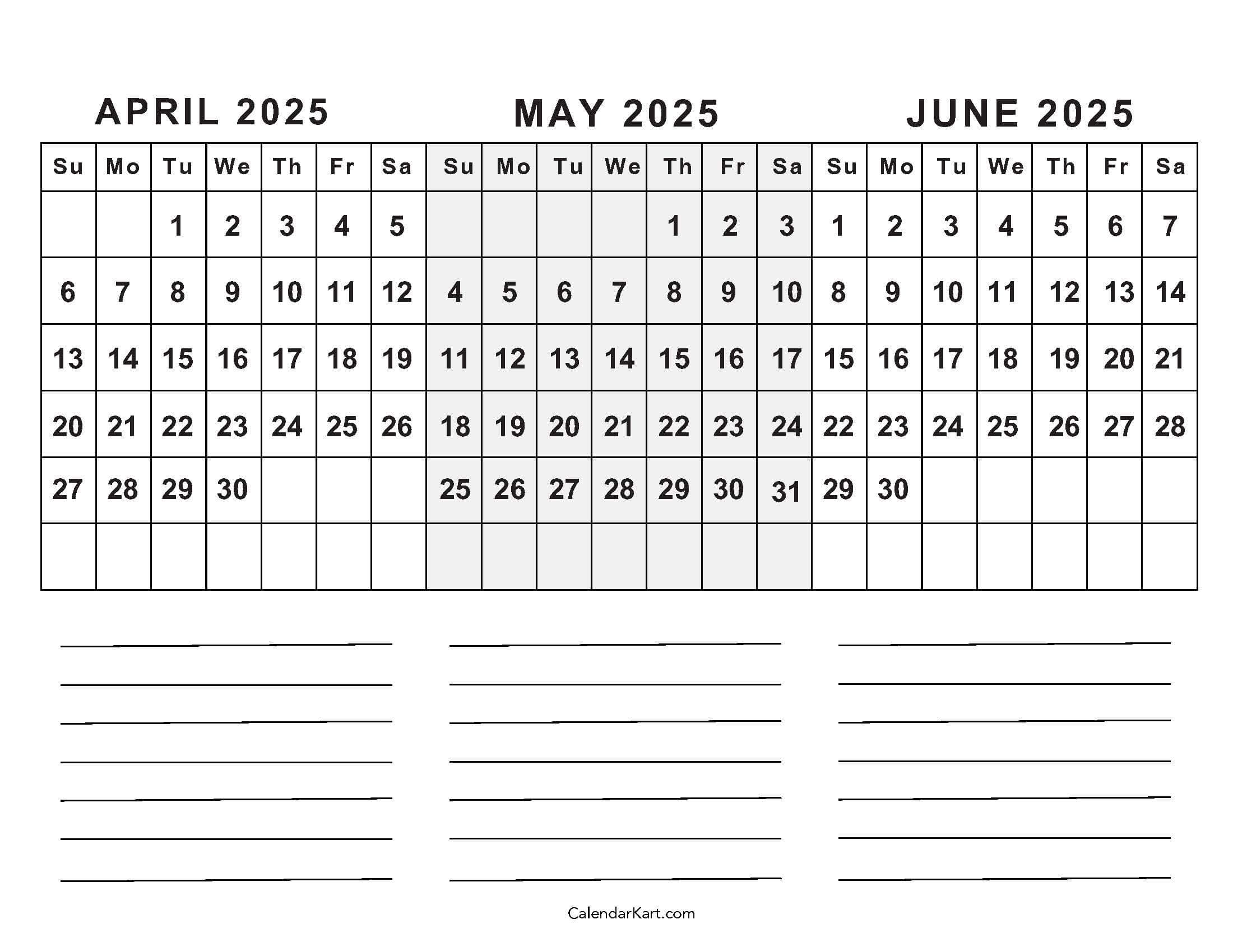 April To June 2025 Calendars (Q2): Free Printables - April May June 2025 Calendar