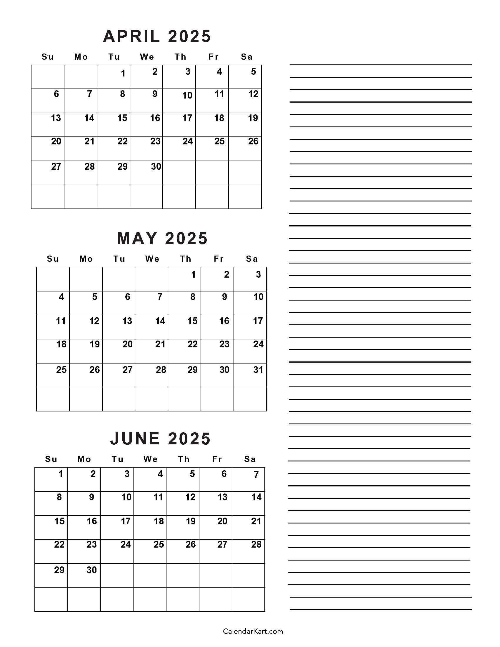 April To June 2025 Calendars (Q2): Free Printables - April May June Calendar Printable