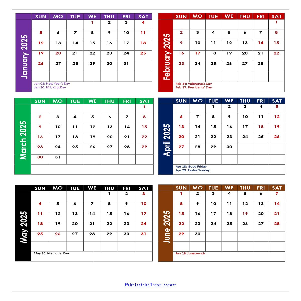Download Free Monthly 2025 Calendar Printable Pdf With Holidays - January to June 2025 Calendar