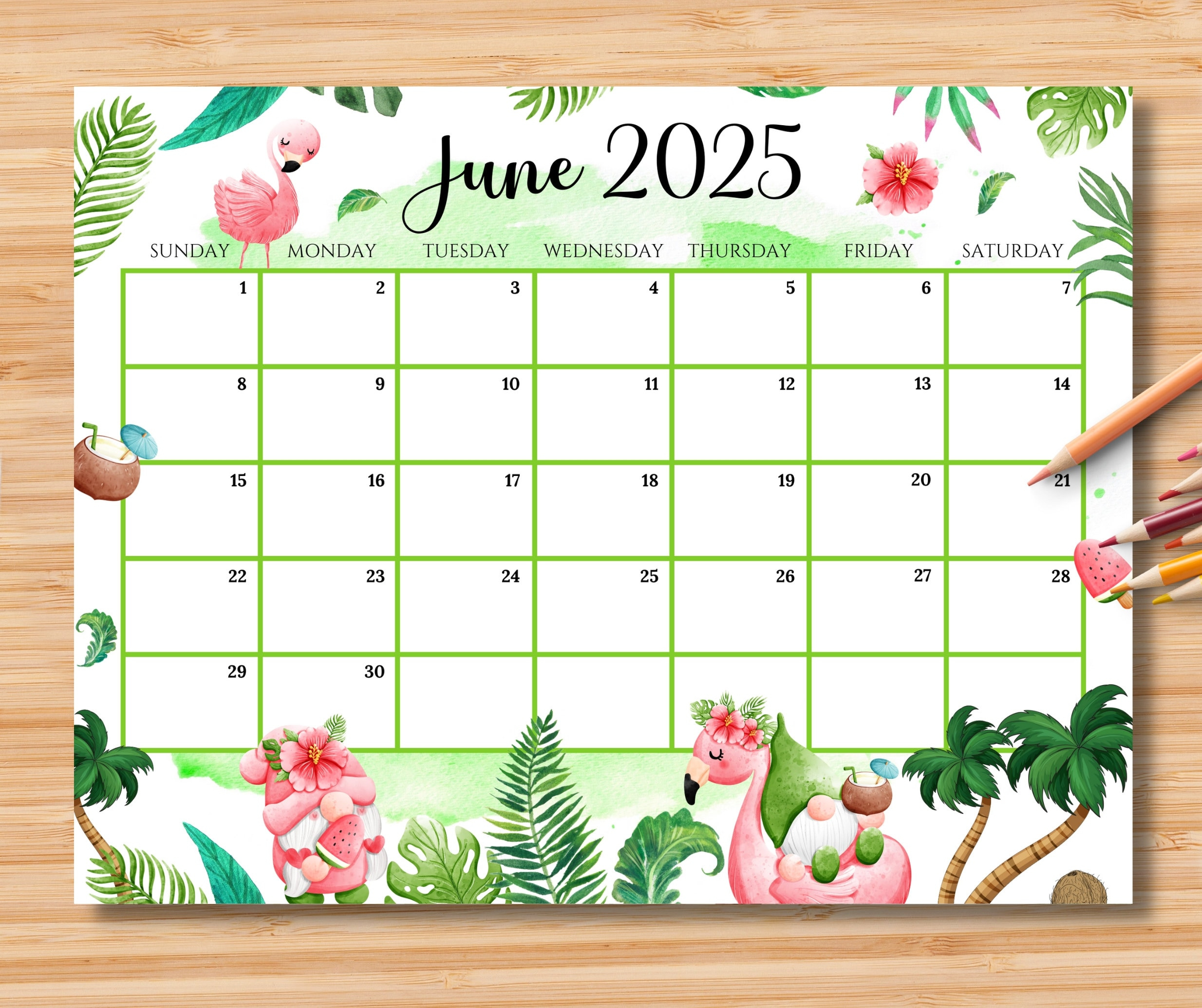 Editable June 2025 Calendar, Joyful Summer With Cute Gnomes - June 2025 Calendar Colorful