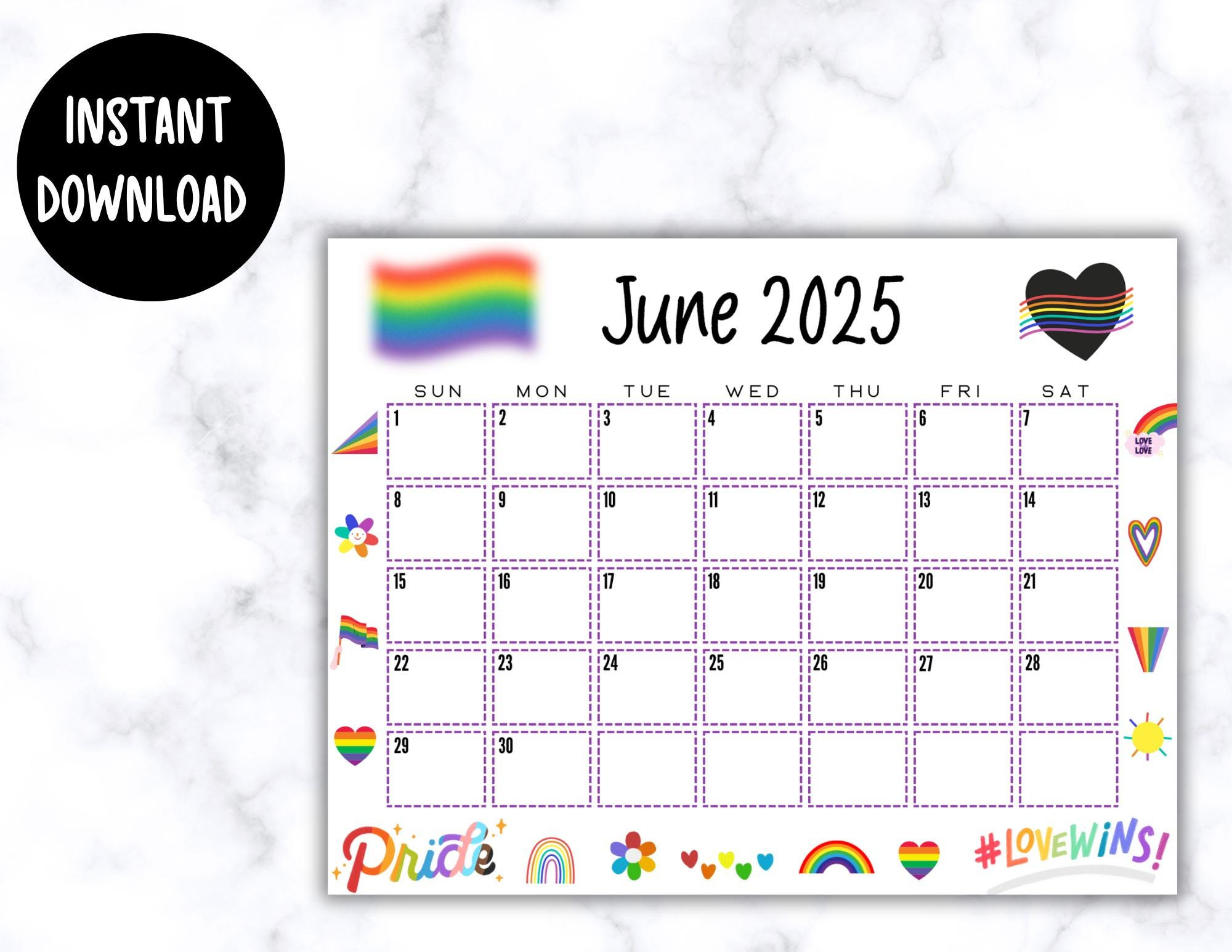 Editierbarer Kalender Juni 2025 | Lgbtq+ Monatsplaner | Printable - June 2025 Pride Month Calendar