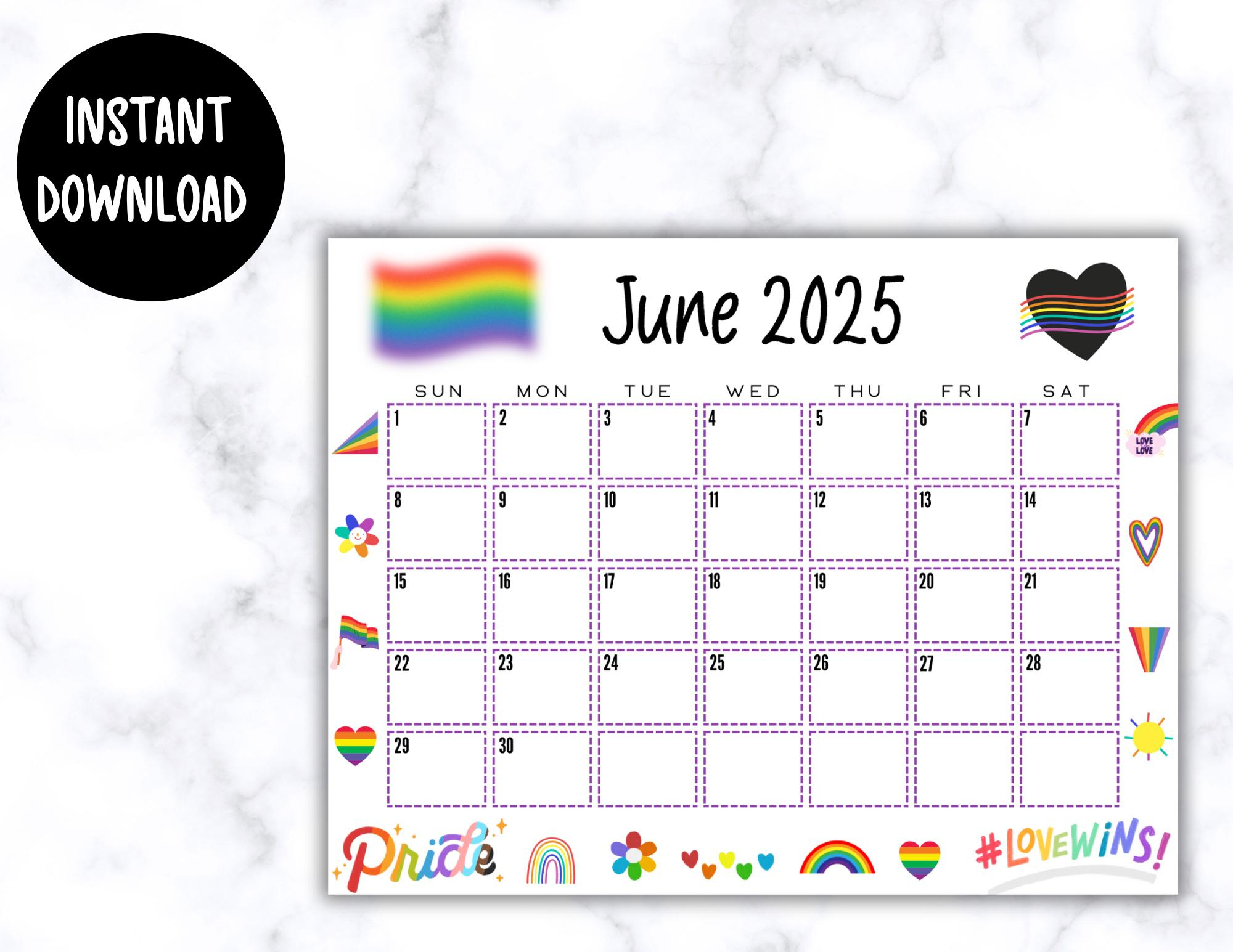 Editierbarer Kalender Juni 2025 | Lgbtq+ Monatsplaner | Printable - June Pride Month Calendar 2025