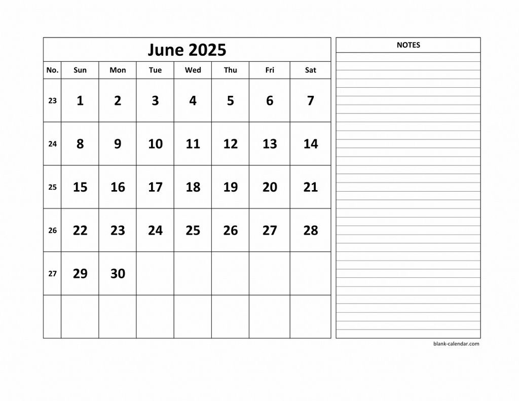 Free Download Printable June 2025 Calendar, Large Space For - June 2025 Printable Calendar with Notes