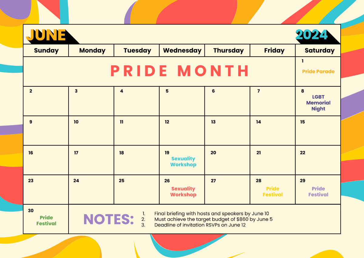 Free Pride Month Calendar Template To Edit Online - June 2025 Pride Month Calendar