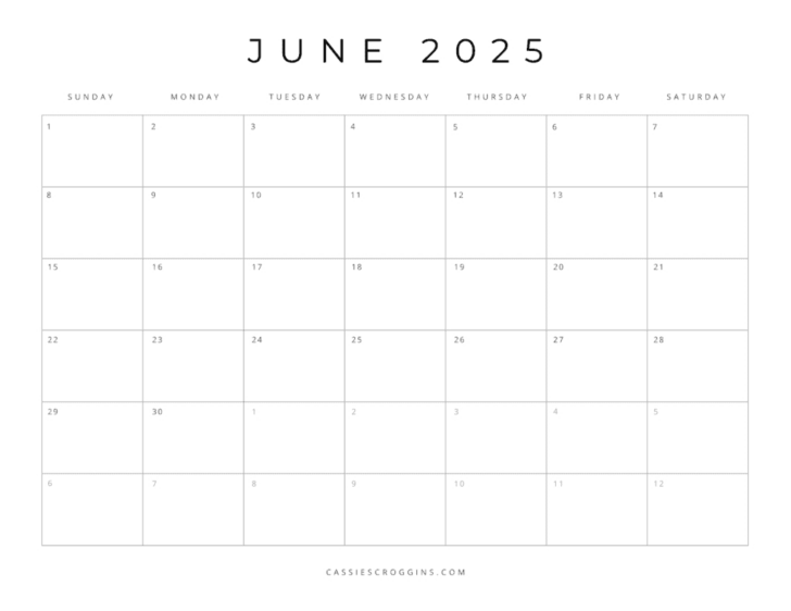 Blank June 2025 Calendar Printable