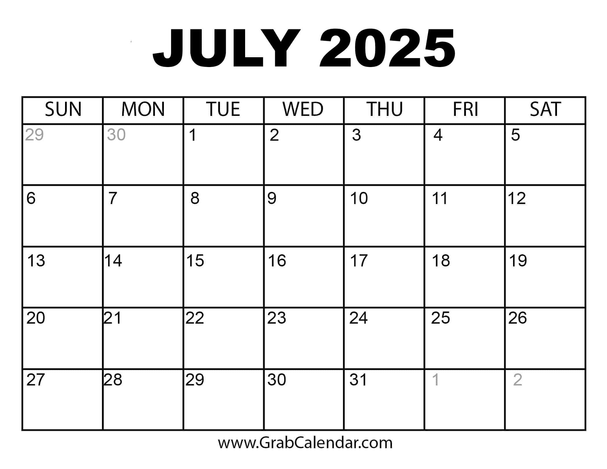 Free Printable Calendar 2025 - Grab Calendar - Grab Calendar June 2025