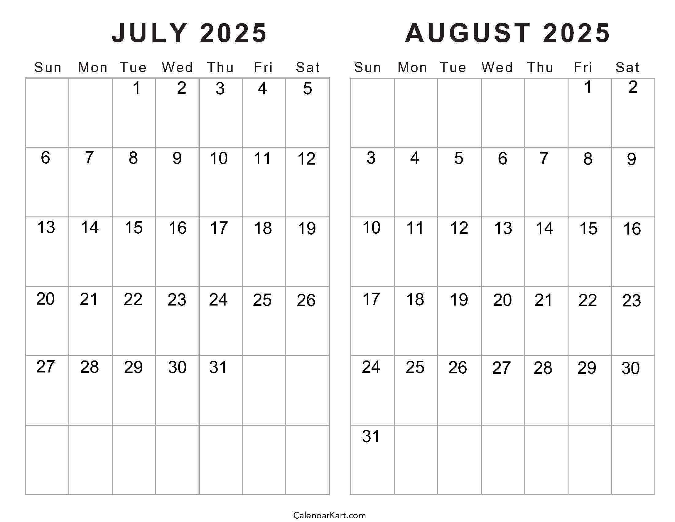 Free Printable July August 2025 Calendar | Calendarkart - June July August 2025 Calendar Editable