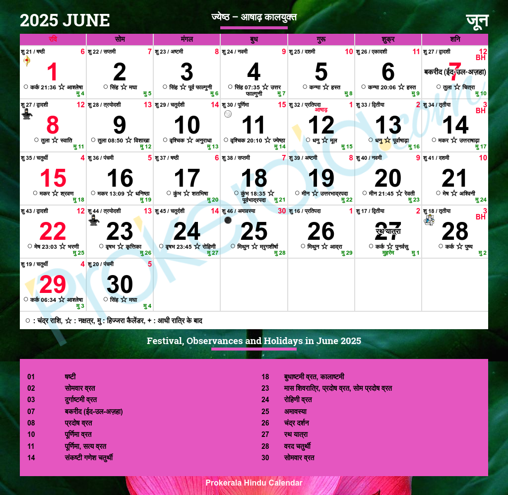 Hindu Calendar 2025, June - June 2025 Hindu Calendar