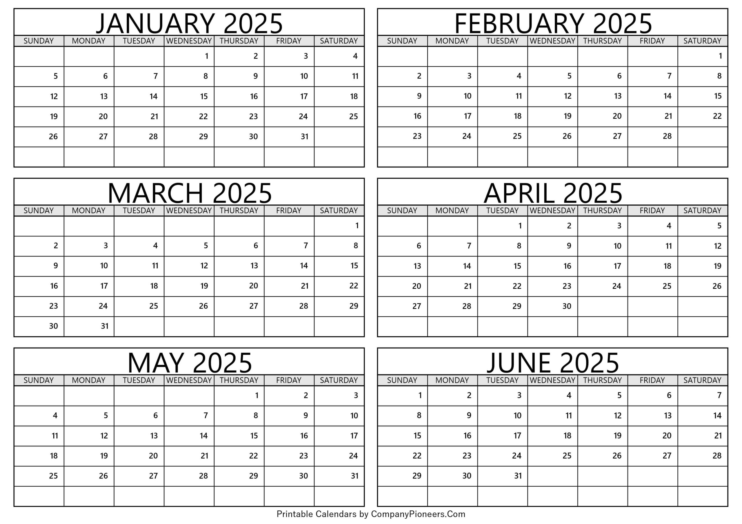 January To June 2025 Calendar Printable - Template - January to June 2025 Calendar