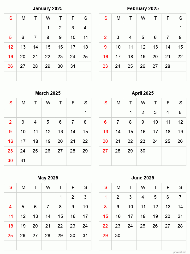 January To June 2025 Printable Calendar | Six Months Per Page - January to June 2025 Calendar