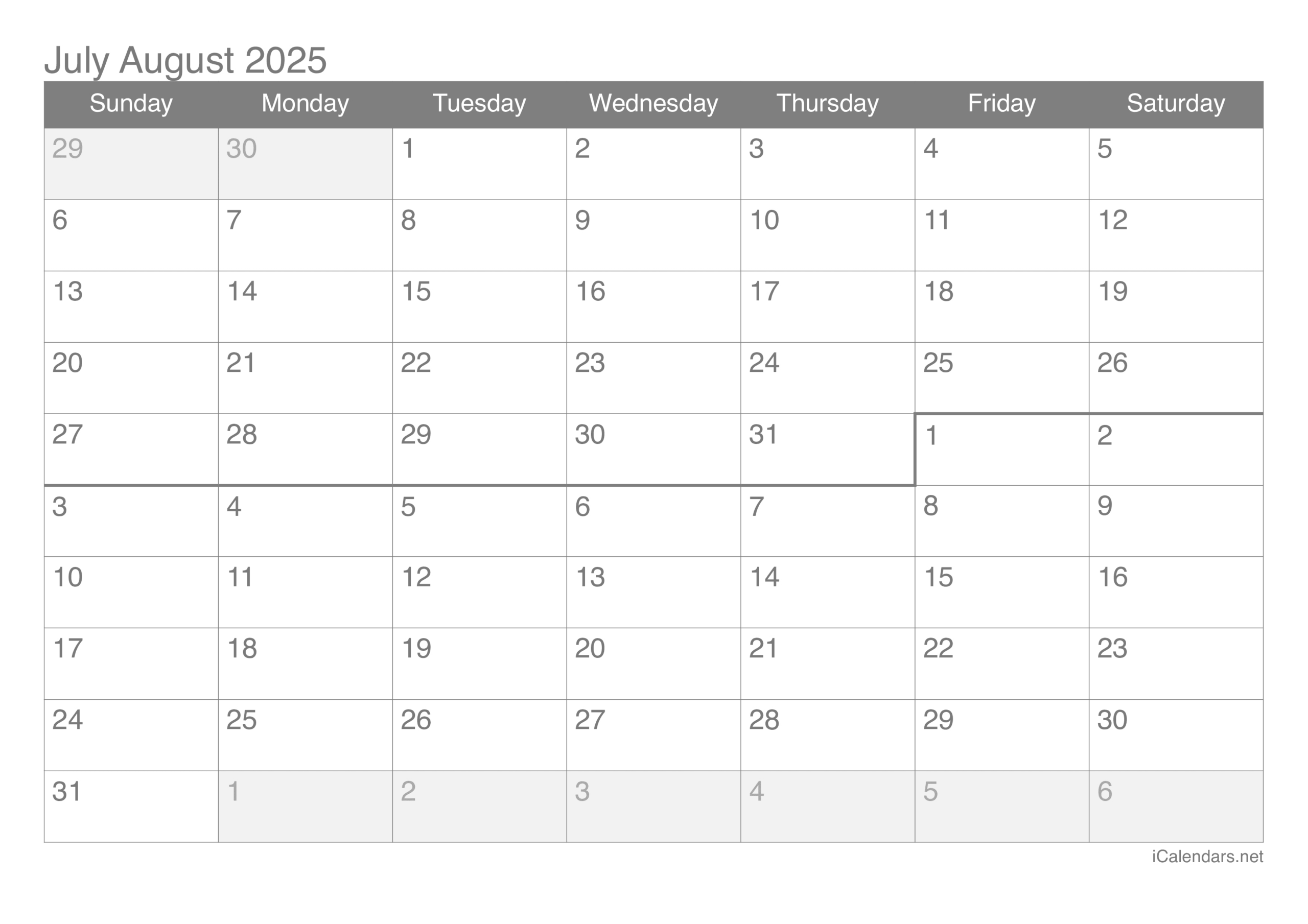 July And August 2025 Printable Calendar - Blank June July August 2025 Calendar