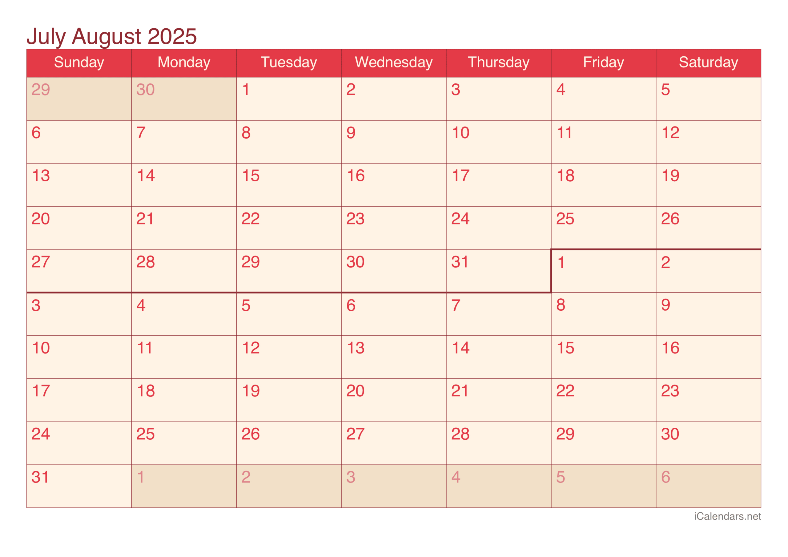 July And August 2025 Printable Calendar - June July and August Calendar 2025