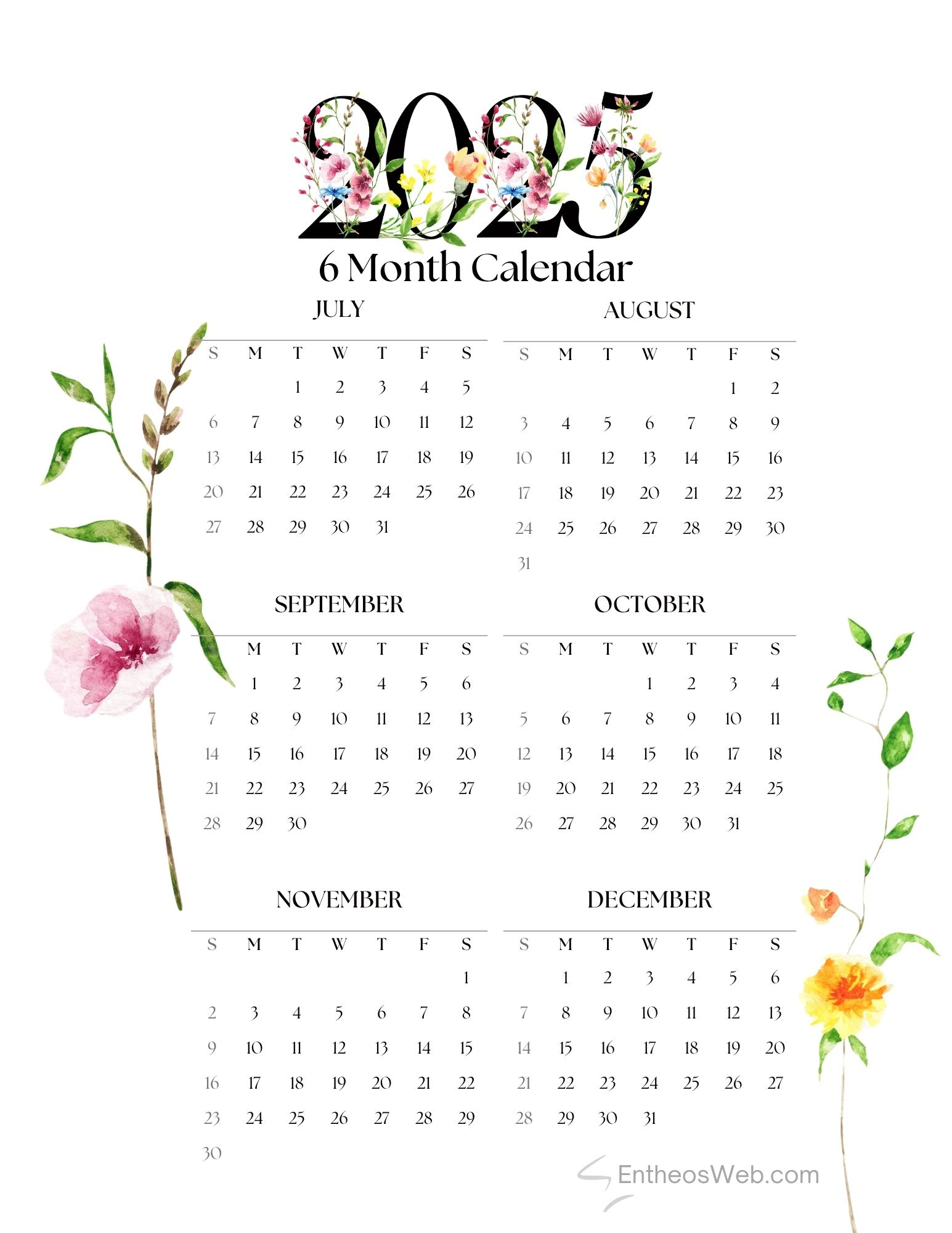 July To December 2025 – 6 Month Calendar Printable | Entheosweb - June 2025 To December 2025 Calendar