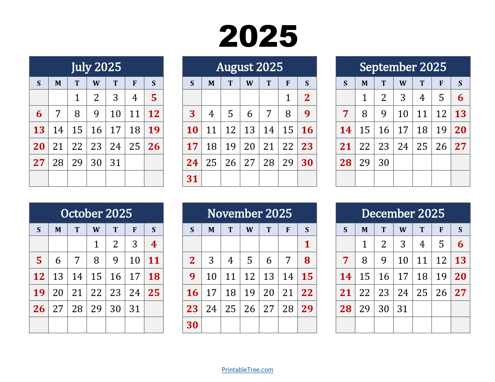 July To December 2025 Calendar Printable Pdf | Six Months Calendar - June 2025 To December 2025 Calendar