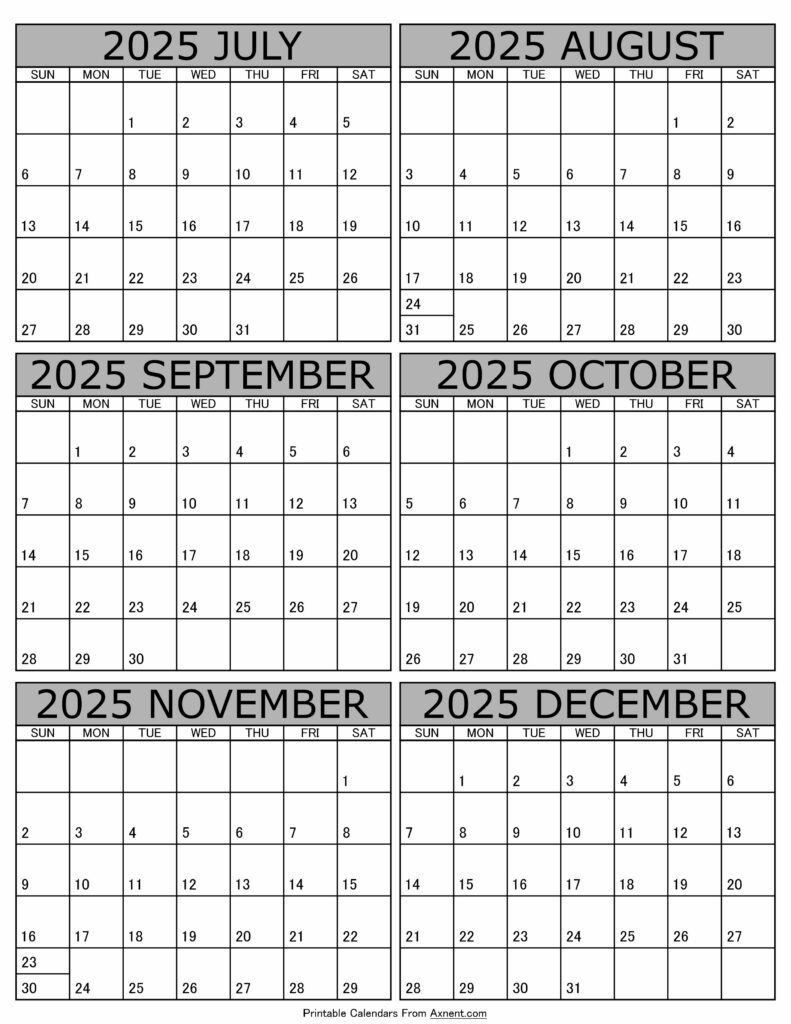 July To December 2025 Calendar Templates - Six Months - June 2025 To December 2025 Calendar