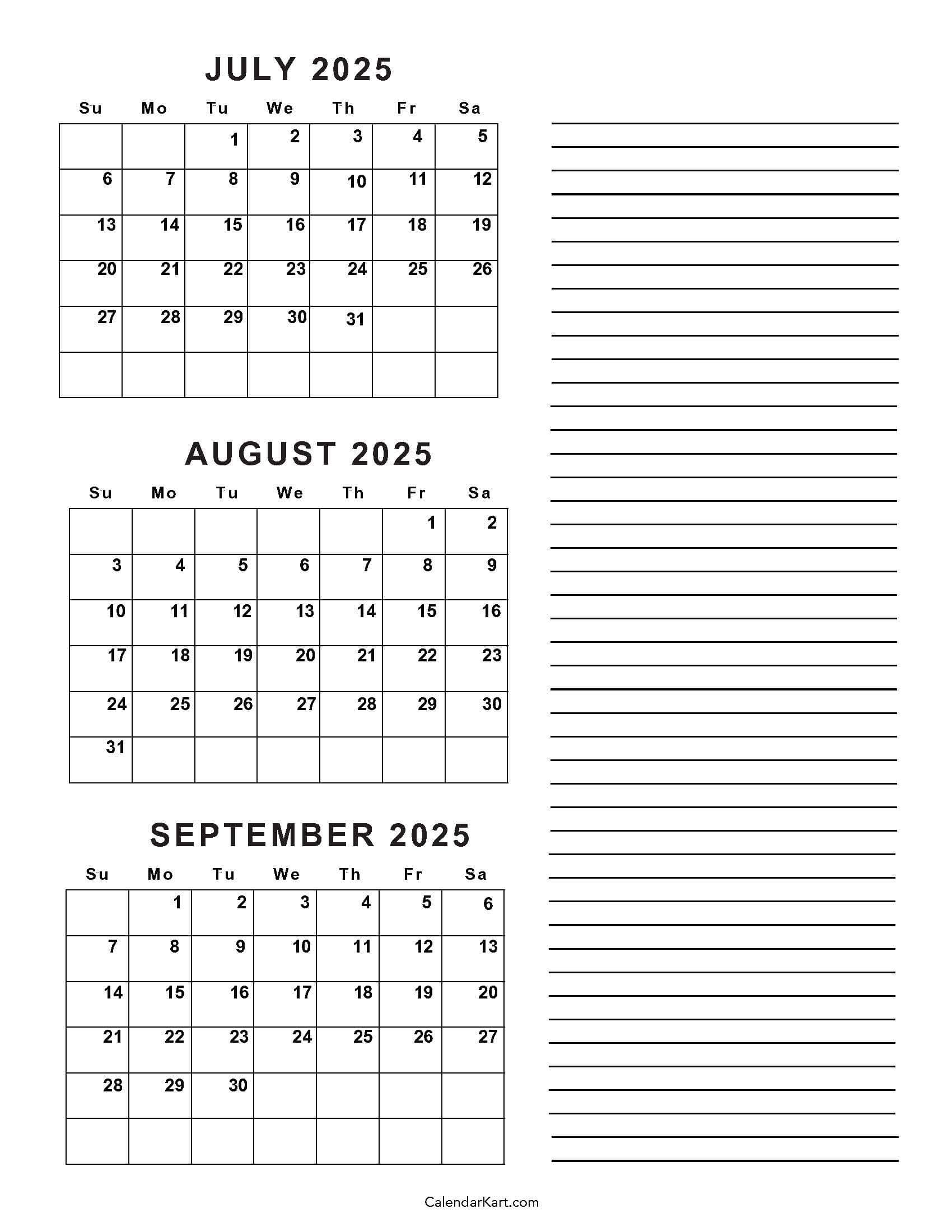 July To September 2025 Calendar (Q3) - Calendarkart - Calendar June July August September October 2025