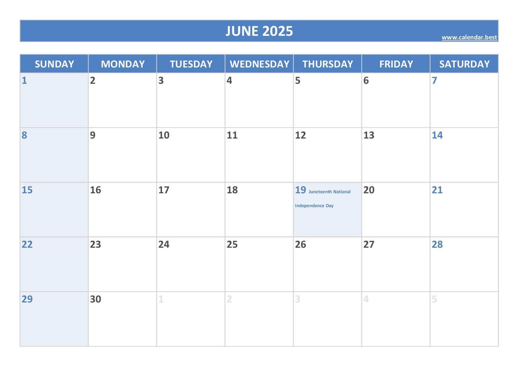 June 2025 Calendar -Calendar.best - National Day Calendar For June 2025