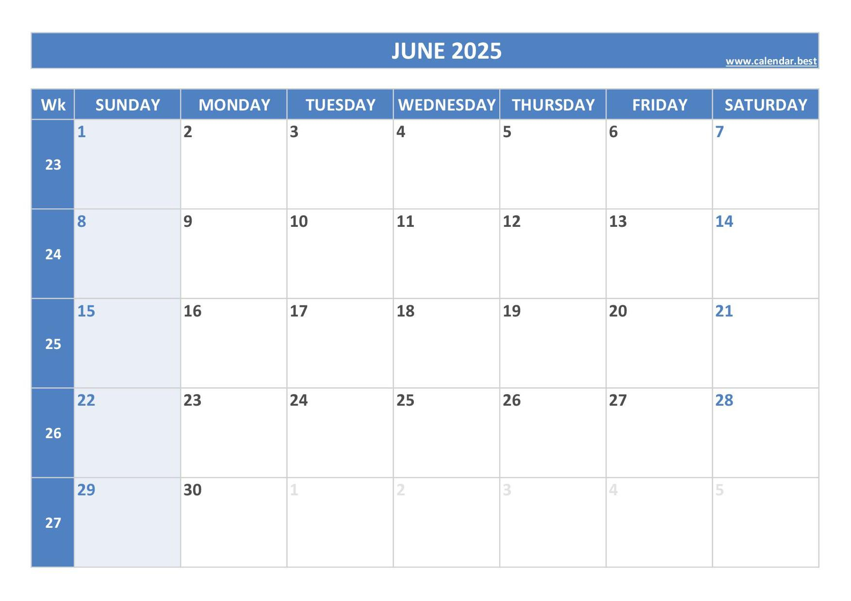 June 2025 Calendar -Calendar.best - Weekly Calendar June 2025