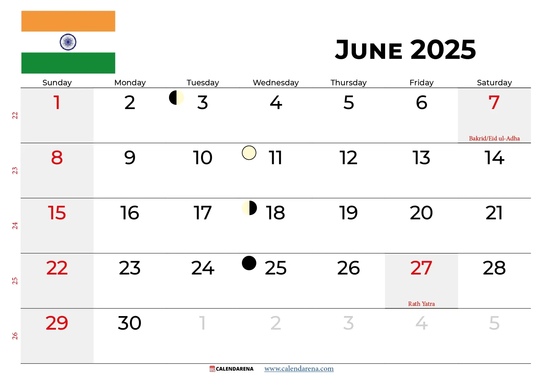 June 2025 Calendar India - June 2025 Holiday Calendar