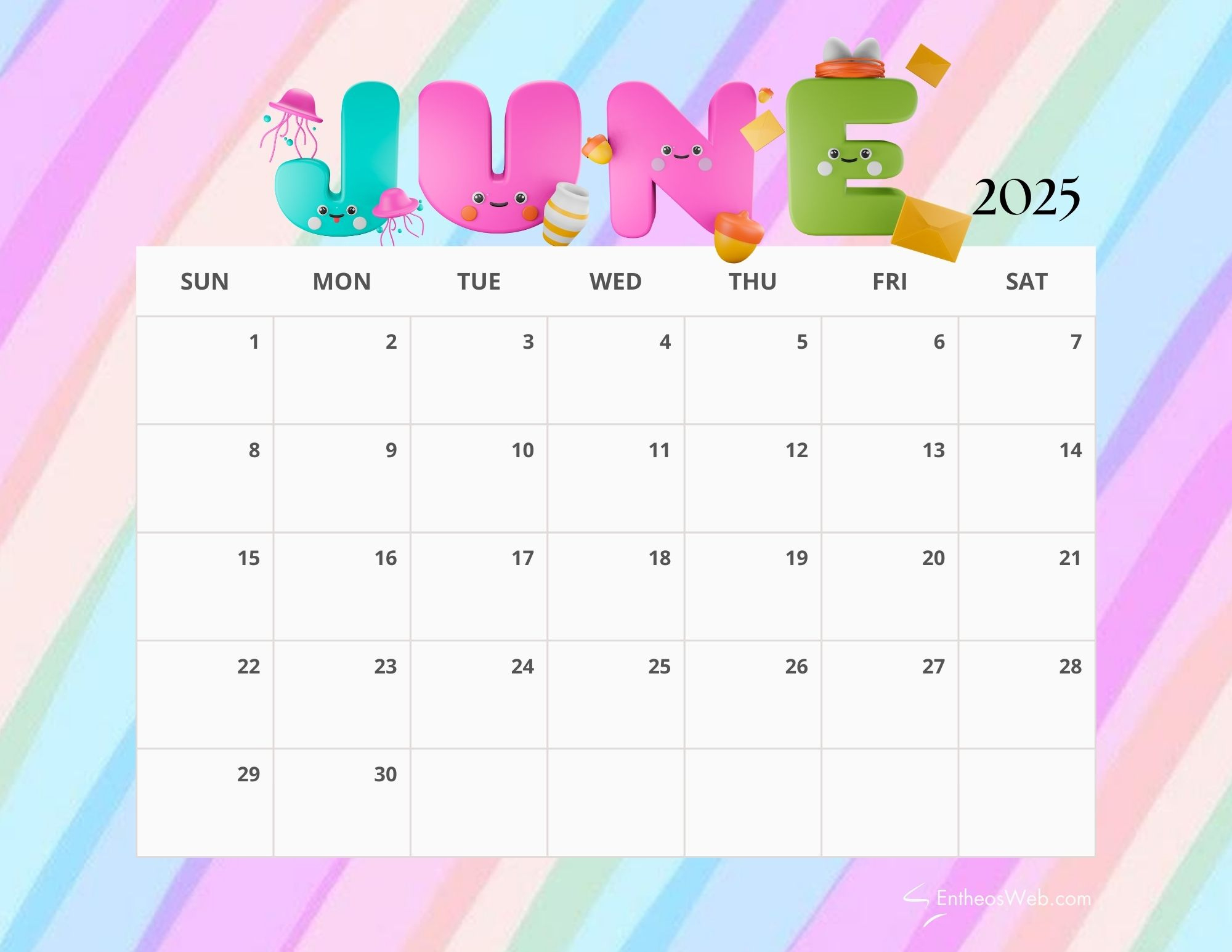 June 2025 Calendar Printables | Entheosweb - Cute June Calendar 2025
