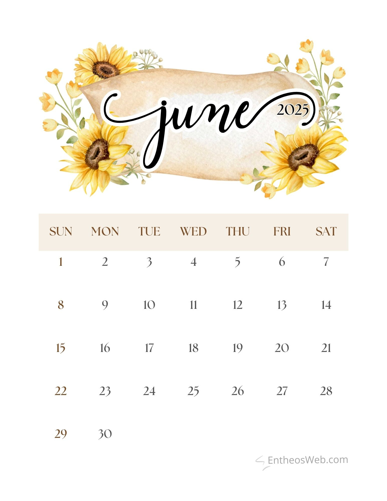 June 2025 Calendar Printables | Entheosweb - Sunflower June 2025 Calendar