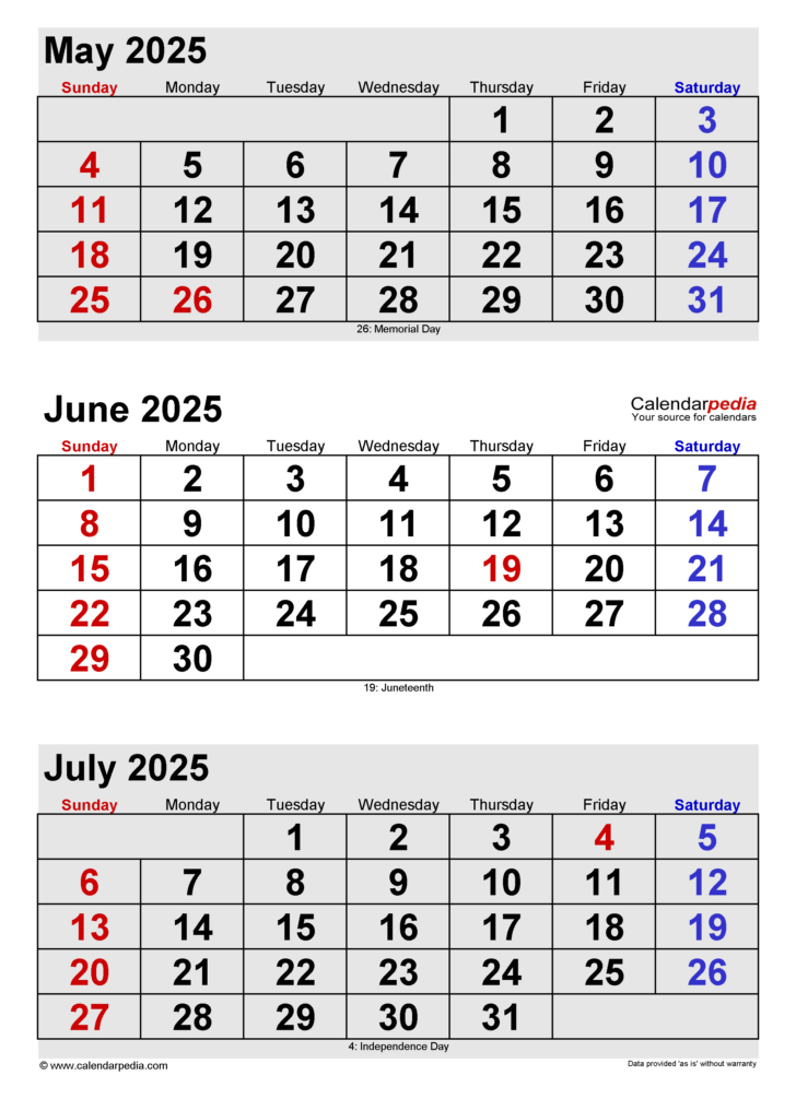 May June July Calendar 2025