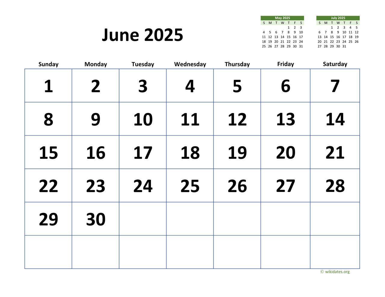 June 2025 Calendar With Extra-Large Dates | Wikidates - June 2025 Calendar Wiki